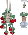 ROFIGL Handmade Crochet Hanging Car Air Freshener - Cute Strawberry Plant Design, 12ml Refillable Thick Glass Bottle, Car Diffuser for Rearview Mirror, Home & Office Decor