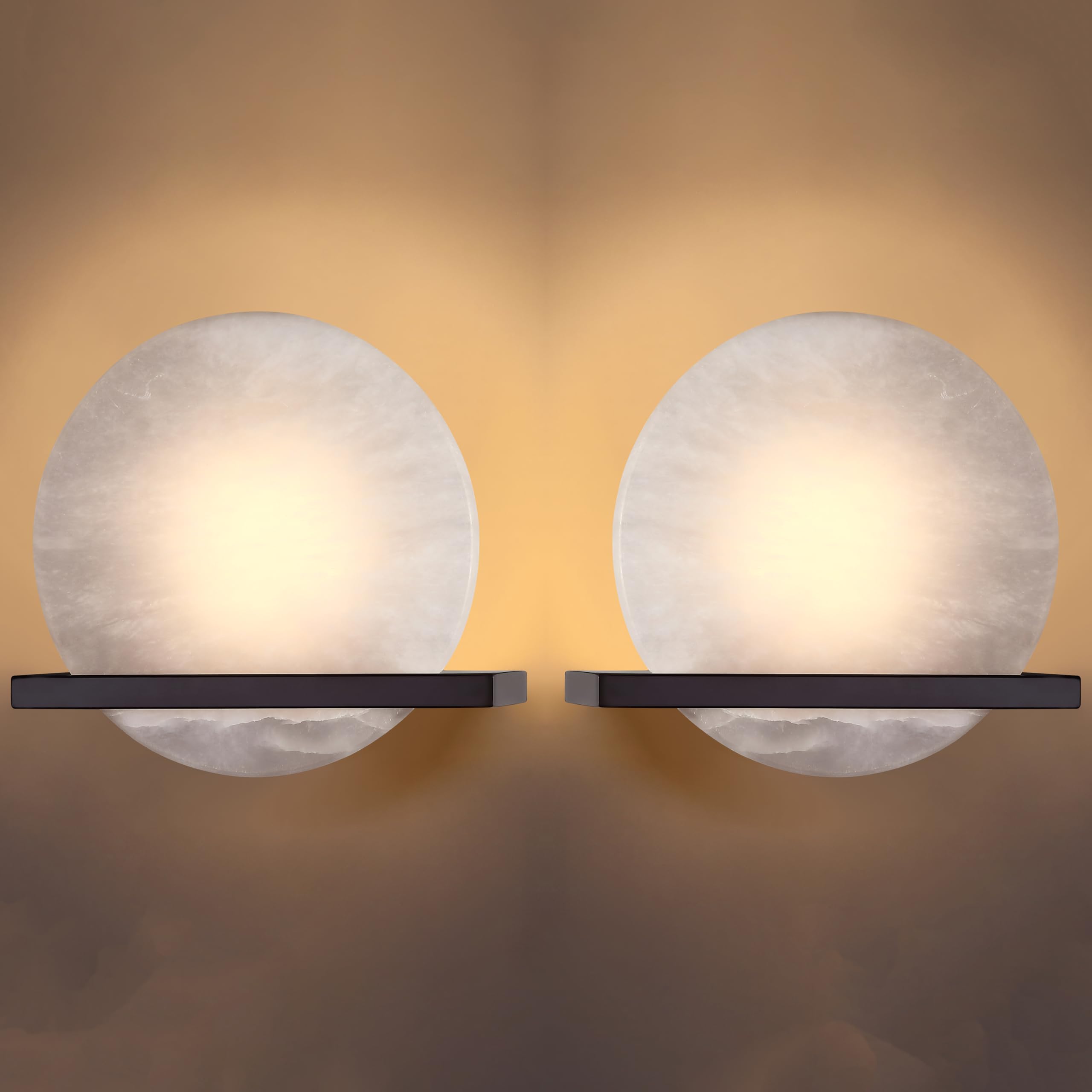 2 Pack 8" Round Natural Alabaster Bathroom Oil Rubbed Bronze Modern Wall Sconce