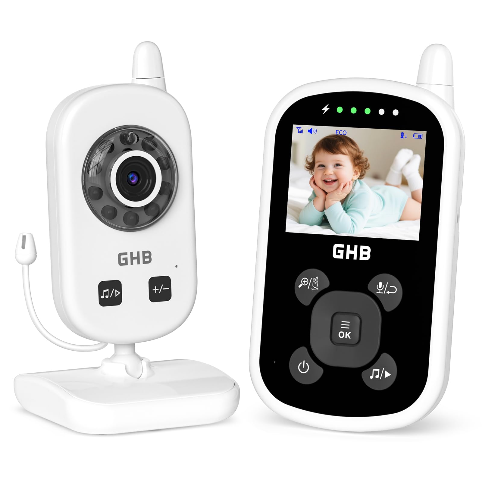 GHB Baby Monitor Video e Audio 2,4'', 950mAh Monitor Baby con Telecamera | Comunicazione Bidirezionale, VOX Visione Notturna Visione Rilevamento della Temperatura, Ninne Nanne