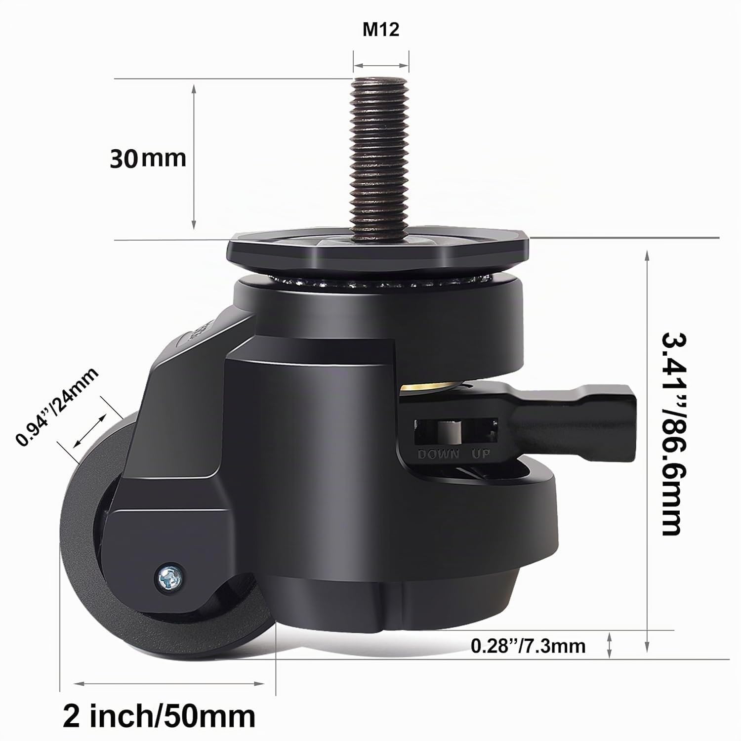 M12X30mm Ruedas para Muebles Pesados Hasta 1000KG, 50MM Ruedas Giratorias Industriales con Diseño de Palanca de Carraca Ajustable, Ruedas Pesados de 360 Grados, Silencioso, Set de 4