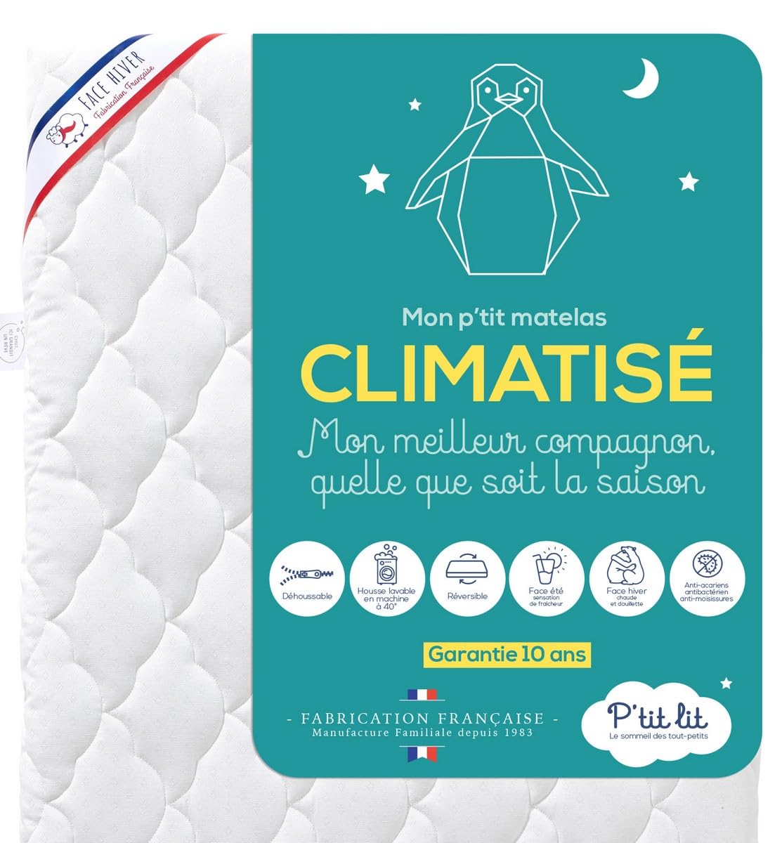P'tit lit, Materasso Lettino Climatizzato, 60x120 cm, 1 Lato Estivo/ 1 Lato Invernale, Anti Acari, Sfoderabile, Oeko Tex, Fabbricazione europea
