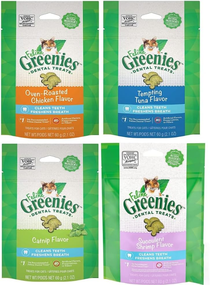 (4 Pack Feline Dental Cat Treat Variety Bundle 4 Flavors - 2.1oz Each Bag