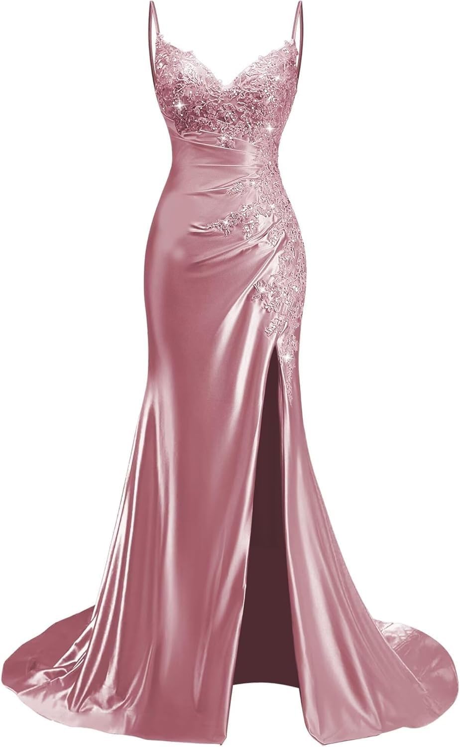 Satin Mermaid Prom Dress for Women 2026 Lace Applique Ruched Formal Evening Gowns with Slit Spaghetti Strap Gala Dress