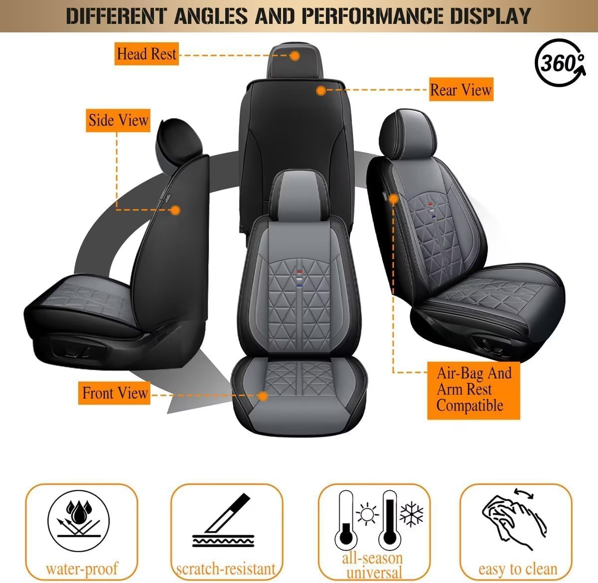 DISUTOGO Front Seat Covers Fit for GMC Canyon 2015-2025 Waterproof Faux Leather Canyon Car Seat Covers Compatible with Airbag Automotive Seat Protector (2 Front Seats, Black&Grey)