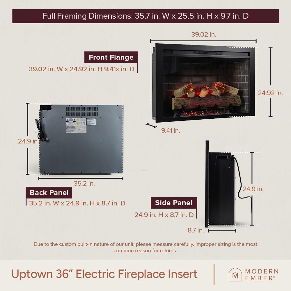 Modern Ember Uptown 36" Smart Electric Fireplace Insert with Remote Control, Alexa/WiFi Enabled - 400 Sq Ft Electric Heater with Realistic Flames and Log Set