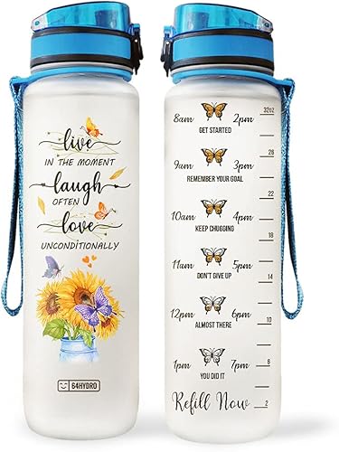 64HYDRO Botella de agua motivacional de 32 onzas con marcador de tiempo y filtro extraíble, regalos de mariposa de girasol de fe cristiana para disponible en Yaxa Peru