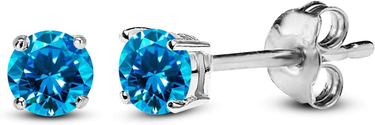Round Blue Topaz Stud Push Back Solitaire Earrings In 18K White Gold Finish 925 Silver