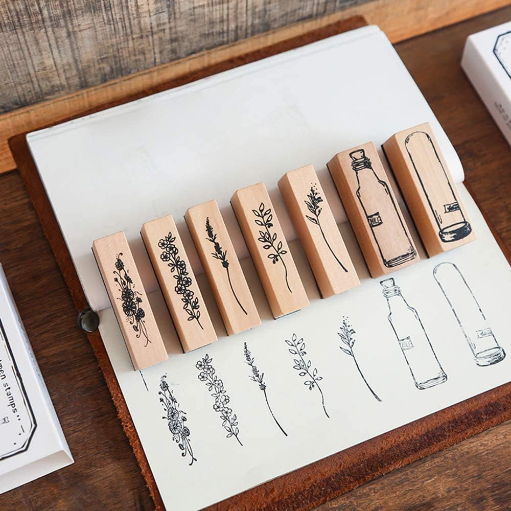 Dizdkizd 7 Pieces Vintage Wooden Rubber Stamps, Plant & Flower Decorative Mounted Rubber Stamp Set for DIY Craft, Letters Diary and Craft Scrapbooking