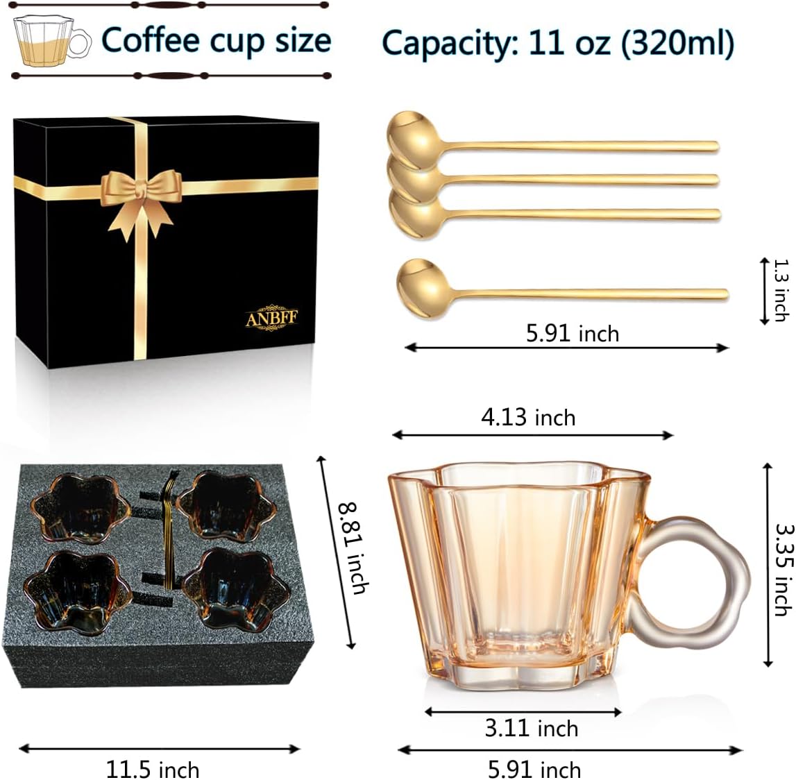 Vintage Glass Coffee Mugs Set of 4, 11oz Creative Flower Glass Coffee Cups with Spoons - Cute Tea Cups with Handle, Art Glassware, Unique Birthday Gifts - Image 4