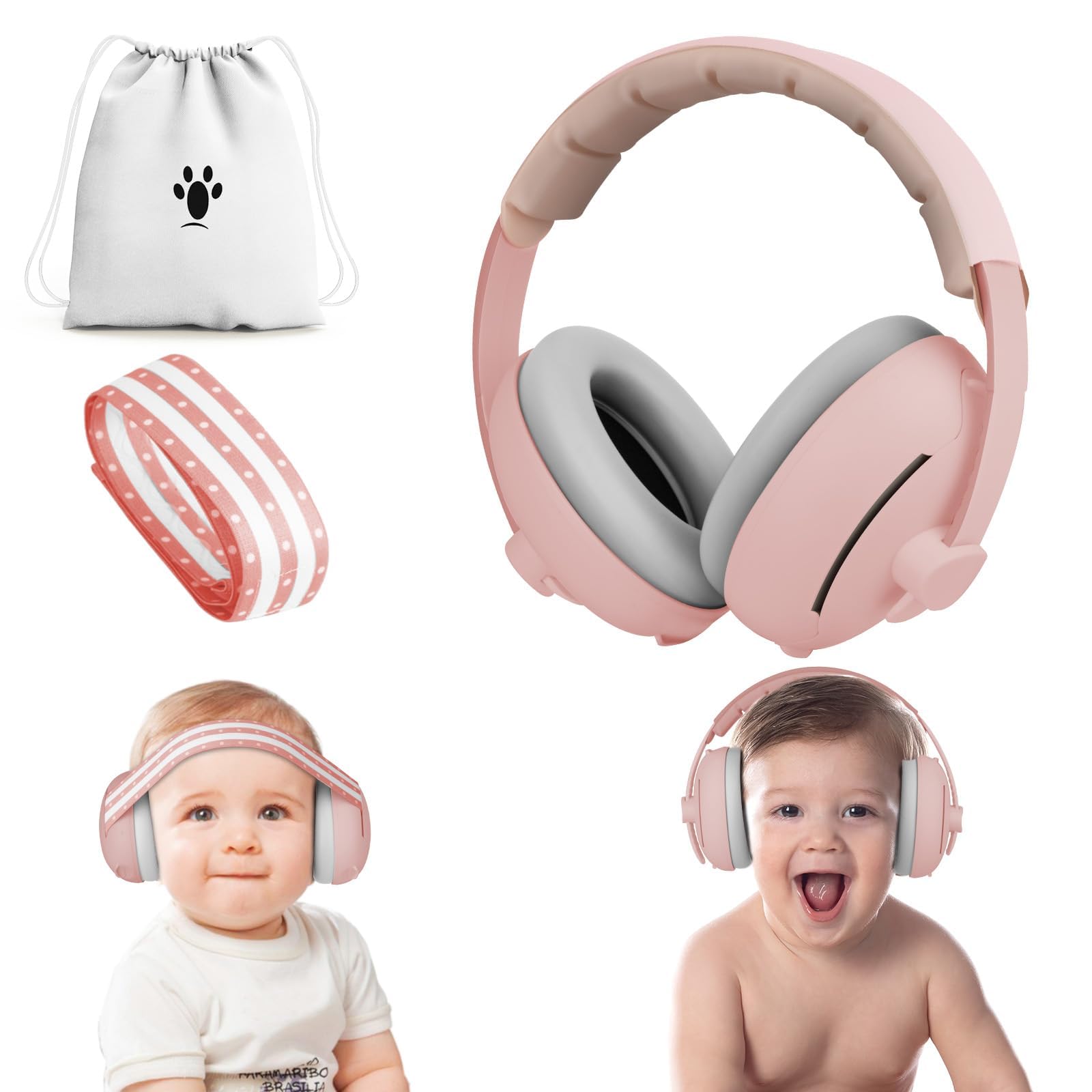Aolso 2 in 1 Cuffie Neonato Antirumore,Archetto Regolabile, Cuffie Antirumore Bambini,Protettori Acustici, Antiscivolo e Antistress,Ideale per il Sonno,Viaggi, Feste-Rosa