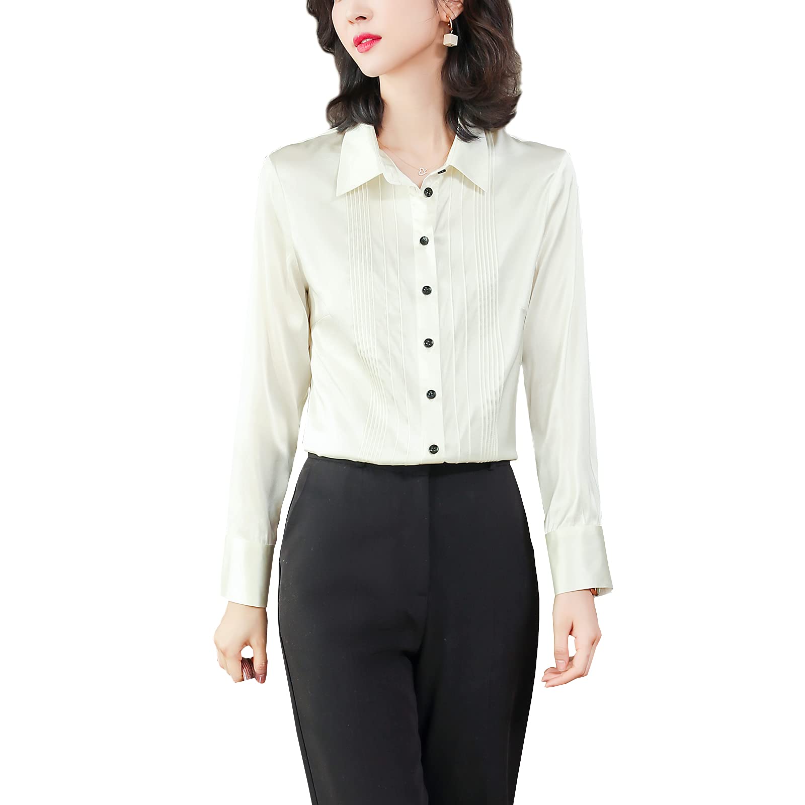 Valin Blusa de seda para mujer Camisa Sólido Botón Abajo Camisas Blusa de Mujer Manga Larga Solapa Blusa de Seda,S6619