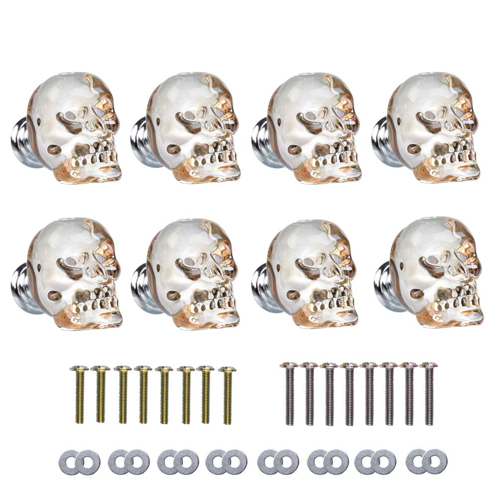 8 pcs Champagne Crystal Skull Drawer Knobs and pulls, Glass Crystal Cabinets Knobs for Kitchen, Bathroom 43x37mm