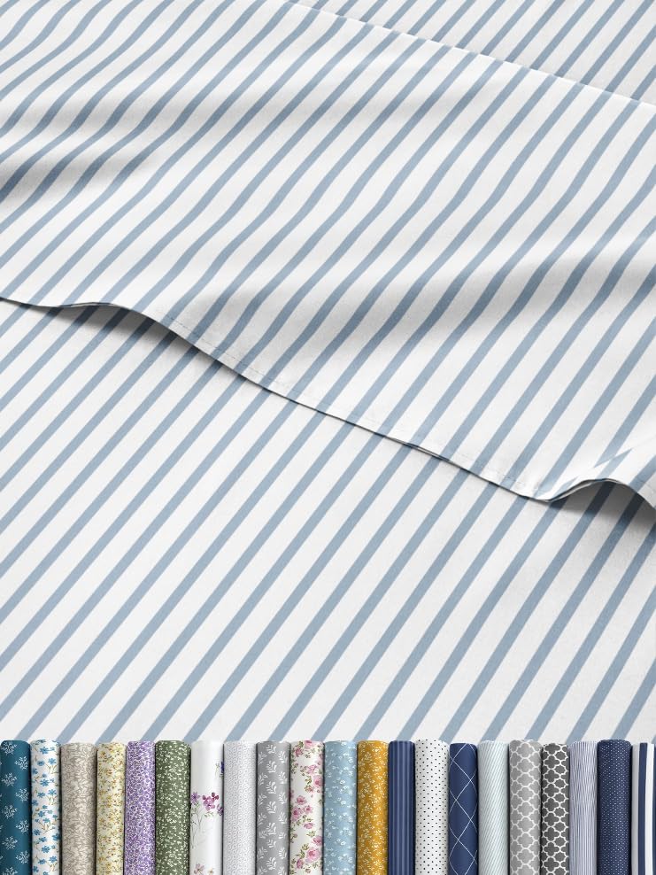 striped sheets - blue & white striped sheets - 1 flat & 1 fitted & 2 pillowcases w/ deep pockets – comfy, wrinkle & fade free - soft, breathable & cooling - luxury pinstripe bedding - king size set