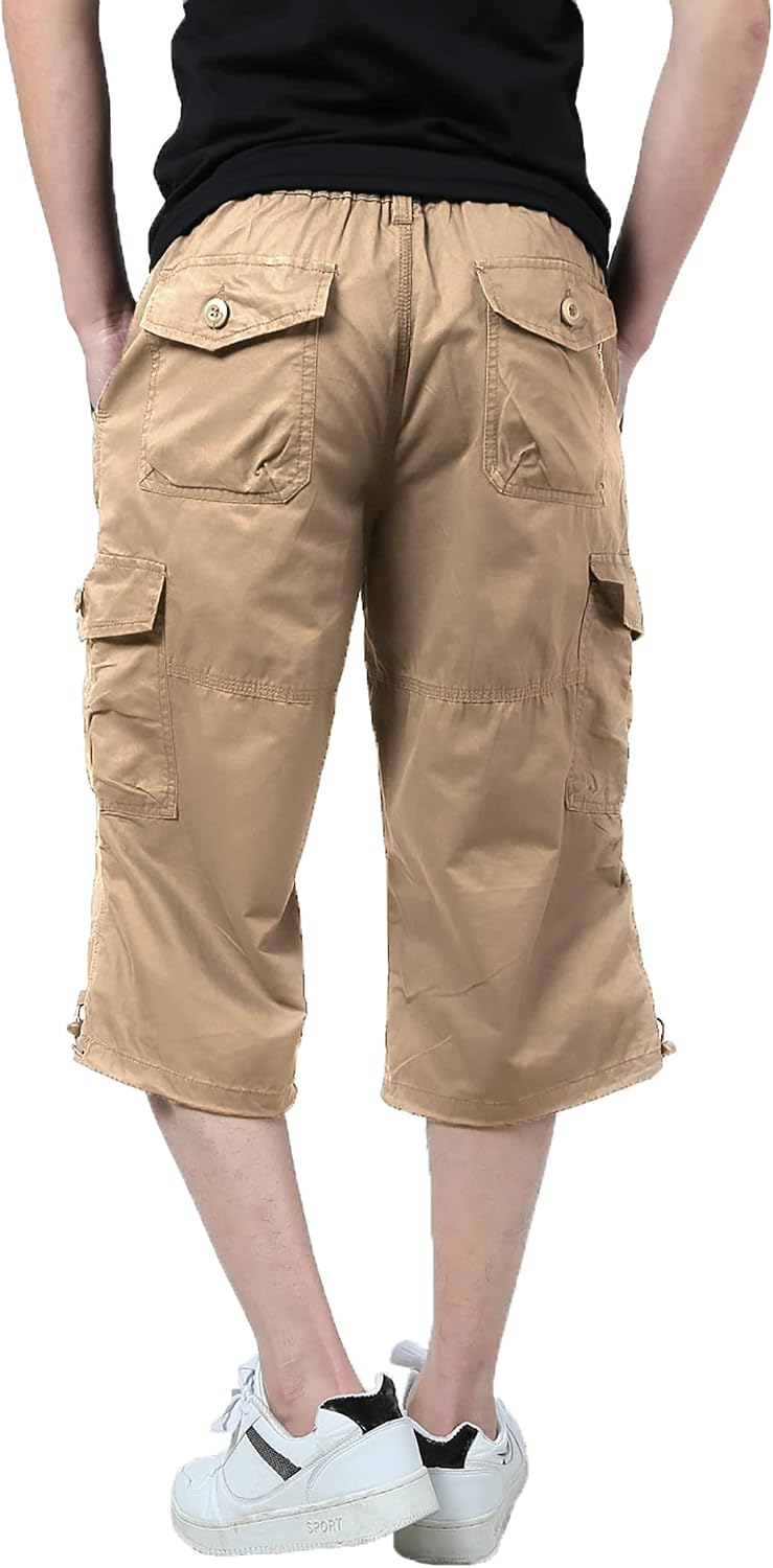 Mens 3/4 Long Cargo Shorts Loose Fit Elastic Work Capri Shorts Below Knee Casual with 7 Pockets Khaki 38