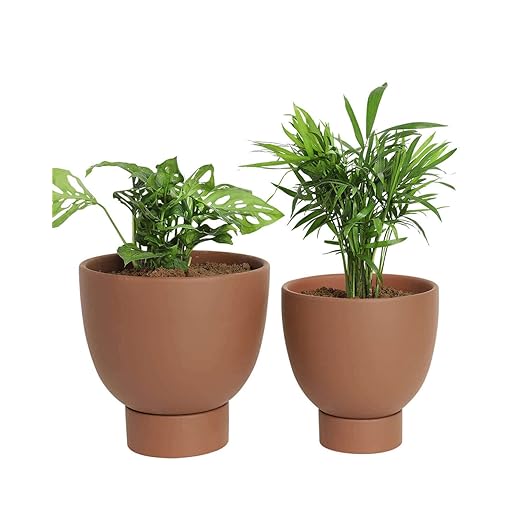 Pink Terracotta Self Watering Plant Pot - 2 PCS 6 Inch & 8 Inch Terra Cotta Plant Pot with Drainage Hole and Saucer, Small & Large Clay Flower Pot with Tray, Plant Pot for Indoor Outdoor Plant