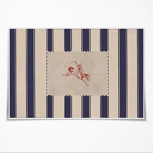 Lienzo vintage a rayas con estampado de rodeo, decoración de dormitorio occidental, arte de pared de vaquero fresco, decoración moderna de mediados