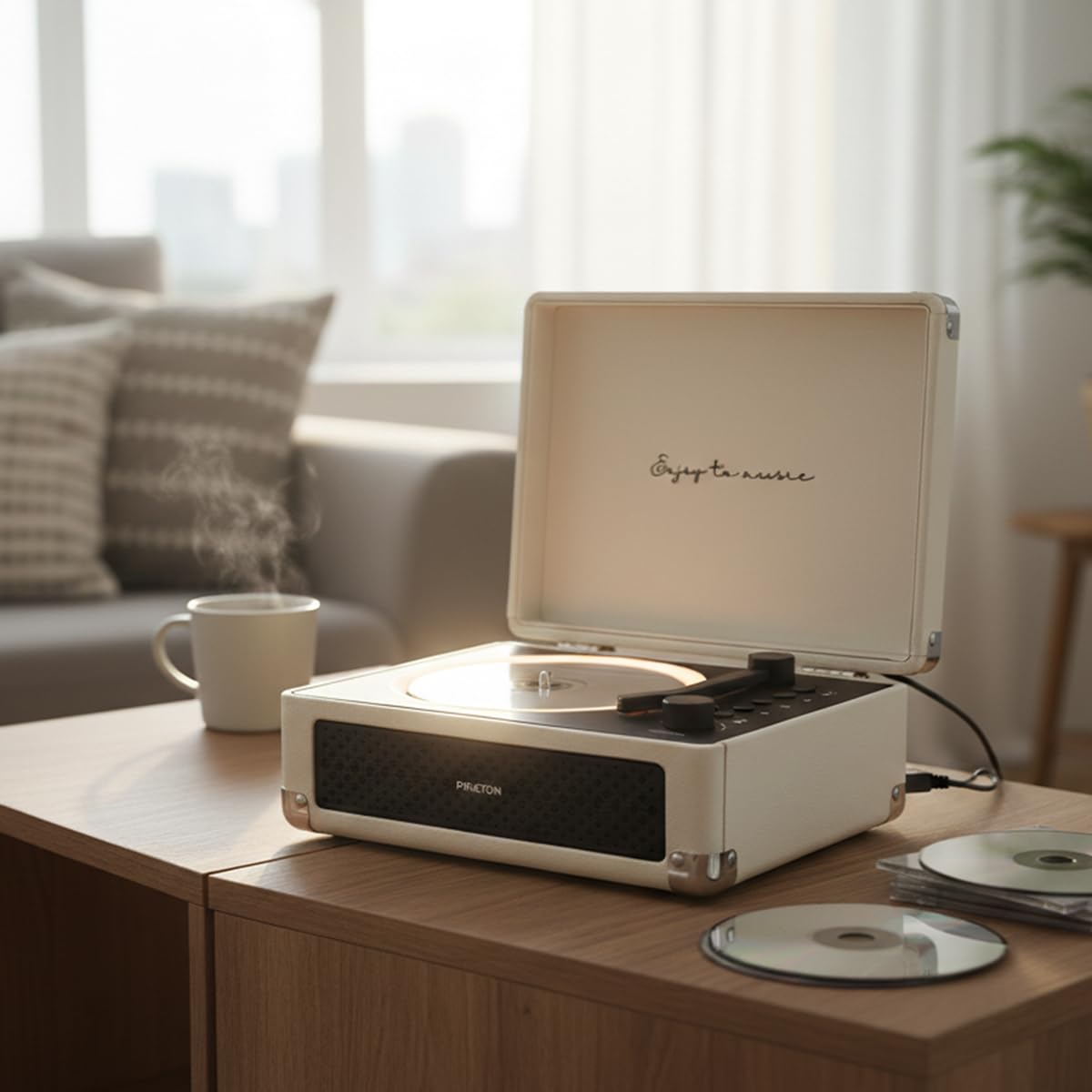 PRIXTON Lecteur CD Portable avec Bluetooth, Radio FM et AUX, Haut-Parleur 6 W (2x3 W), Compatible CD/MP3/WMA, Batterie Rechargeable 3000 mAh, Sortie Casque, Design Mallette (Crème)