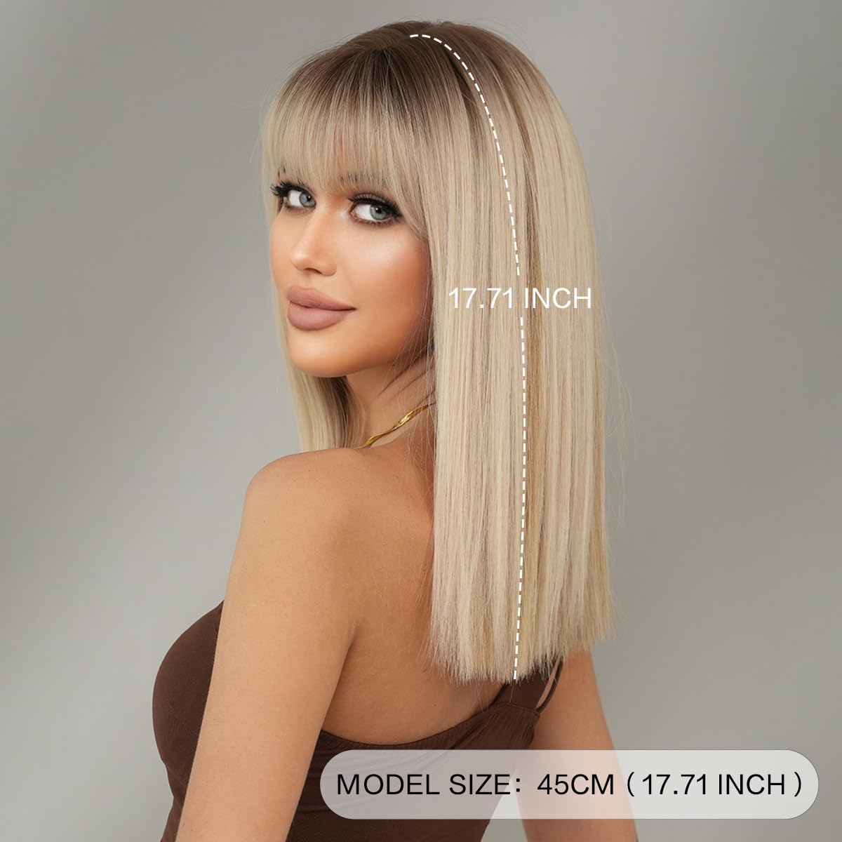 Women Shoulder Length Human Hair Wigs Flaxen Blonde With Top Highlights Bangs Lightweight Breathable Glueless For Daily (Flaxen Blonde)