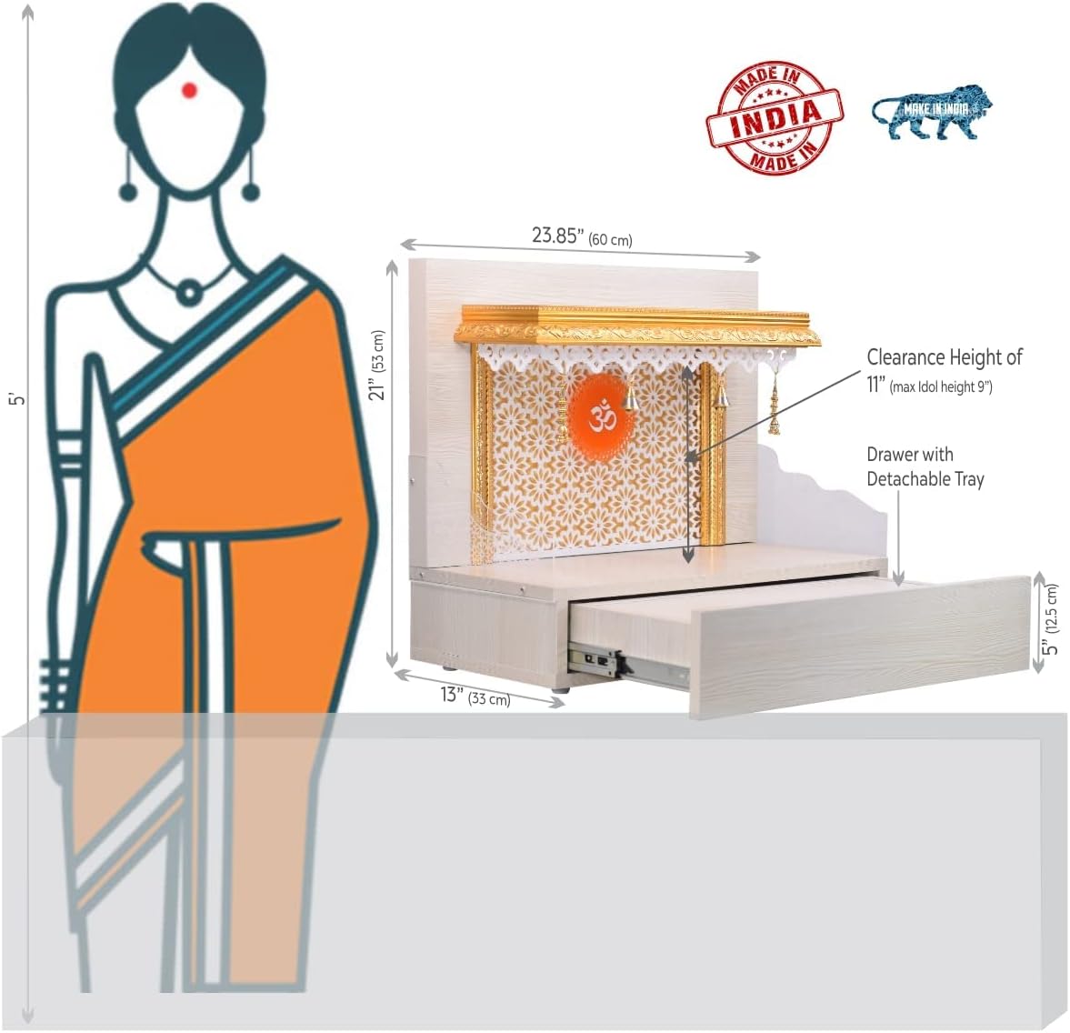 Aakrati Devyom Engineered Wood, Marine Plywood, Acrylic Solid Surfaces, LED LightingWooden Mandir for Home (Standard Size, Bronze Brick) (White)
