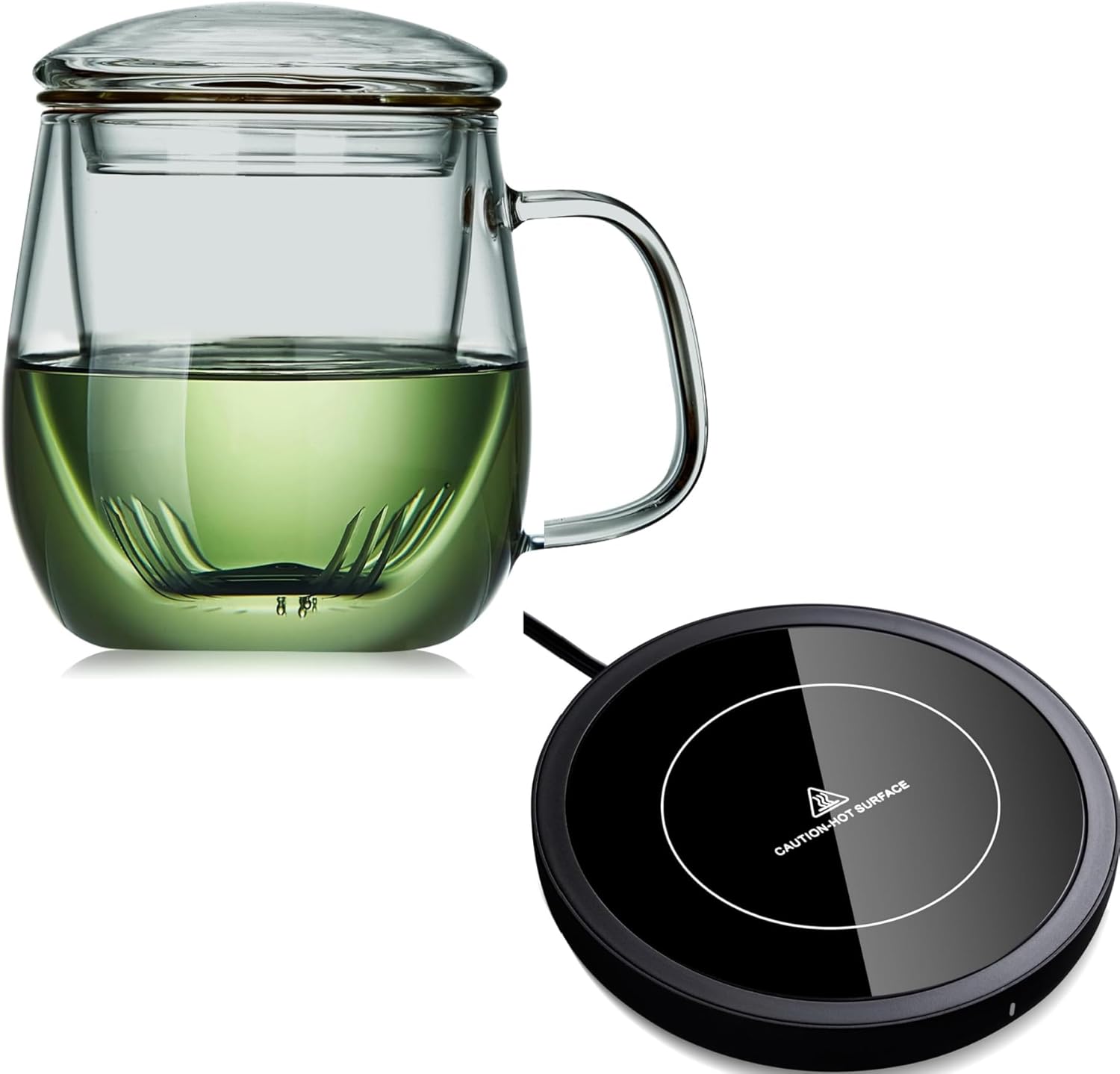 Glass Tea Cup with Infuser and Lid, 17.6oz/520ml Large Borosilicate Teacup & Coffee Mug Warmer with Auto Shut Off, 3 Temperature Settings