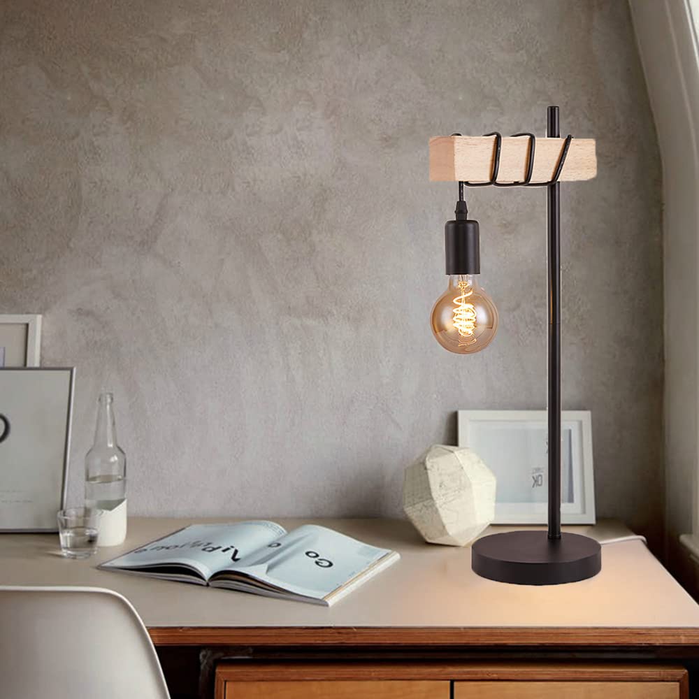 Lámparas de Escritorio Lámpara de Mesa Retro Lámpara de Noche de Metal y Madera Negra Lámpara de Escritorio de diseño Industrial Cable con Interruptor Lámpara de Lectura de Metal r