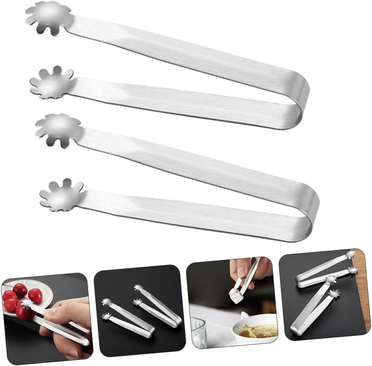 PRETYZOOM 4Pcs Stainless Steel Tongs Mini Ice Tongs Sugar Cube Clips for Cocktails Whiskey and Appetizers Mirror Polished Kitchen Utensils Silver