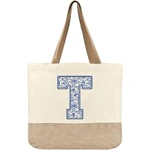 Initial Canvas Tote Bag, Womens Personalized Monogram T Tote Bags, Suitable for Wedding Engagement Parties Honeymoon Birthday Beach Holiday, Gift for Women Grandma Mom Teacher Friends Bridesmaids