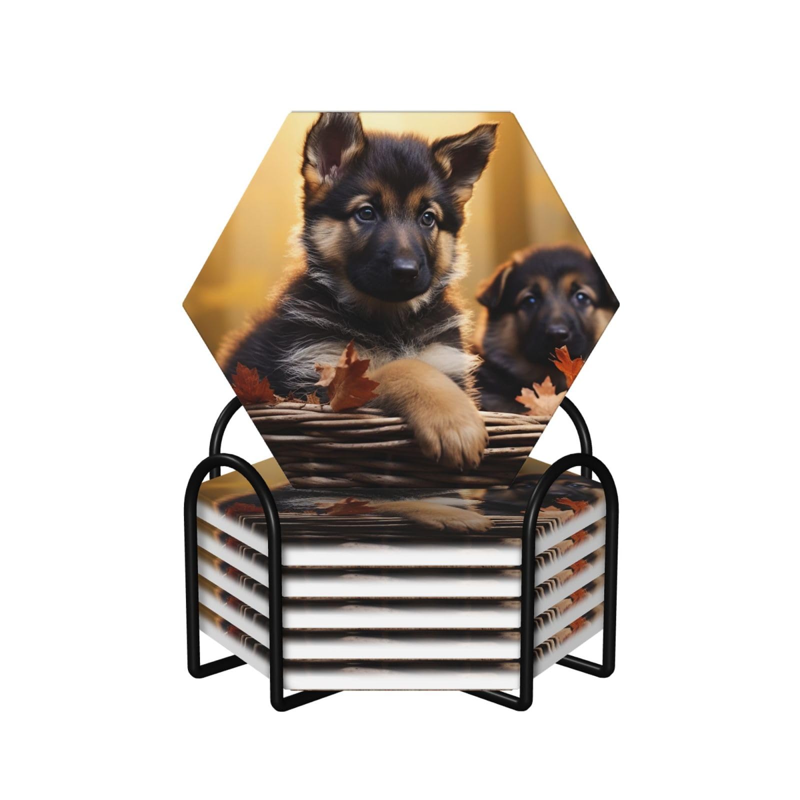 6Pcs Ceramics Coaster for Drinks, Little German Shepherd Dog Cup Coasters with Holder, Aesthetic Drink Coasters for Coffee Table, Absorbent Round Coaster for Tabletop Protection 4" Cup Mat Pad