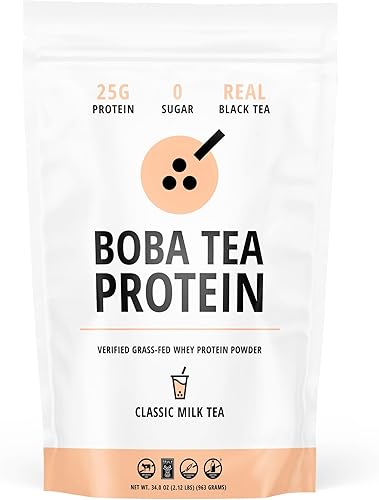 Boba Tea Protein Té de leche clásico  Polvo aislado de proteína de suero alimentado con pasto de 0.88 oz  Bebida de proteína de té de burbujas sin