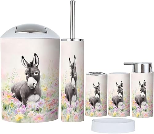 Juego de accesorios de baño, 6 piezas bohemio elegante burro vibrante acuarela basura, soporte para cepillos de dientes, dispensador de jabón,