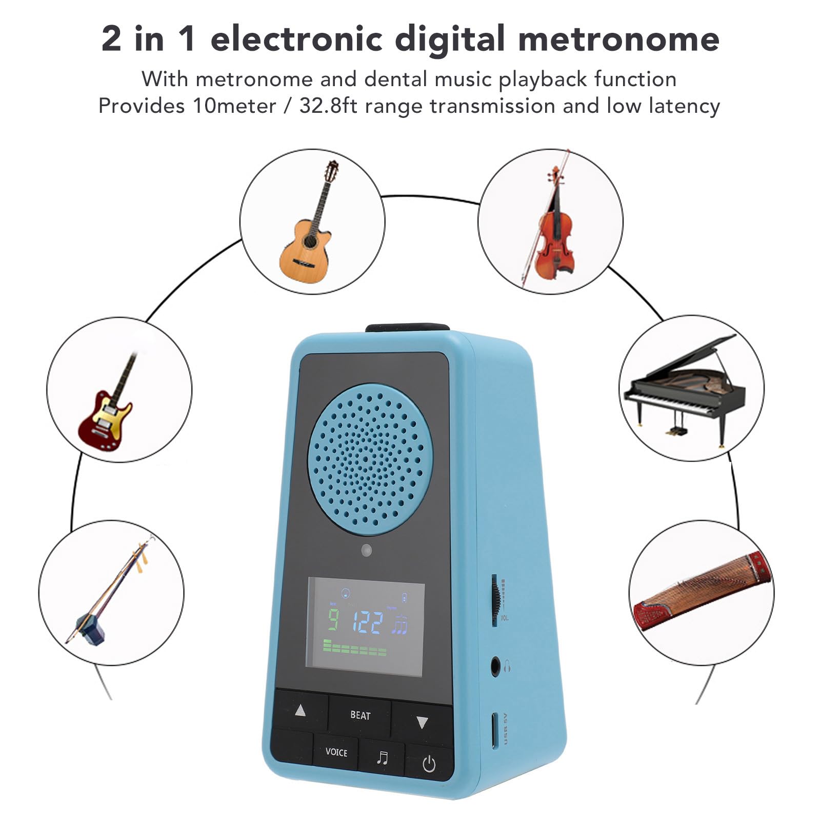 Focket Metrónomo Digital, Metrónomo Electrónico con Pantalla a Color Recargable 2 en 1, Ajuste de Ritmo y Tempo, Batería de 1300 MAh, Metrónomo con Altavoz Bluetooth para Ukelele,