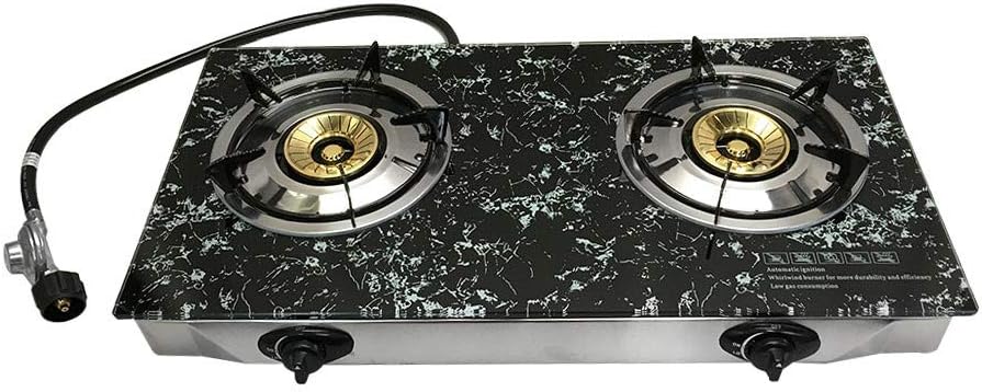 28" x 17" Propane Double Stove 2 Gas Burner MARBLE PRINT Tempered Glass Cooktop Steel Body