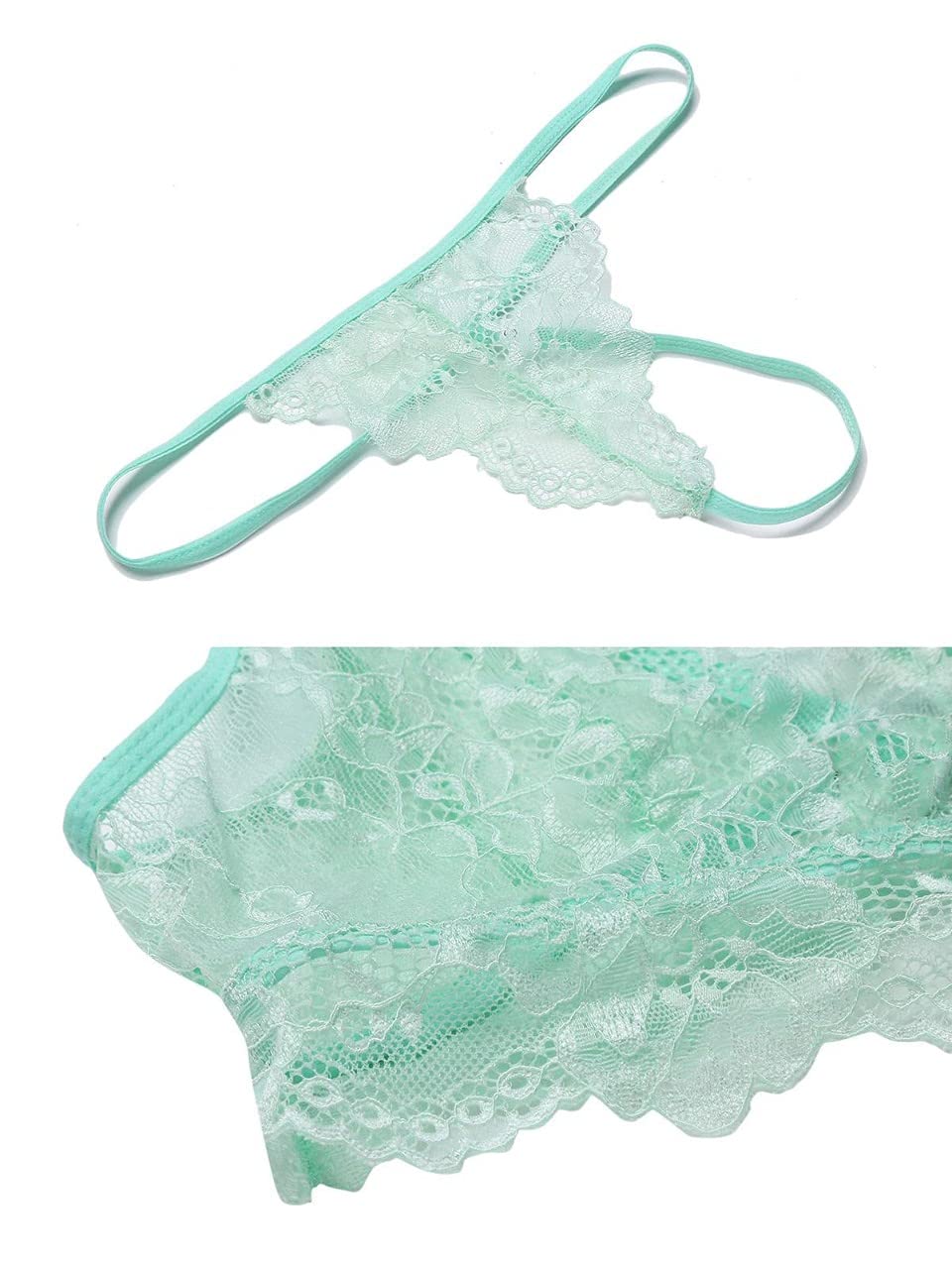 nimra fashion Women's Sheer Lace Lingerie Bra Panty Set G-String (Light Green)-picture-21