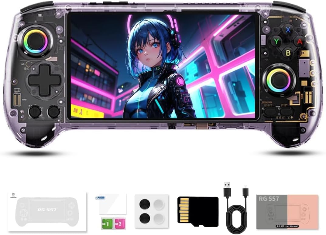 iTAP RG557 Handheld Gaming Console, 5.48-inch AMOLED Screen, Android Retro Game Player with 256GB Storage & 4000+ Preloaded Games – Suitable for Adults and Kids (Transparent Purple)