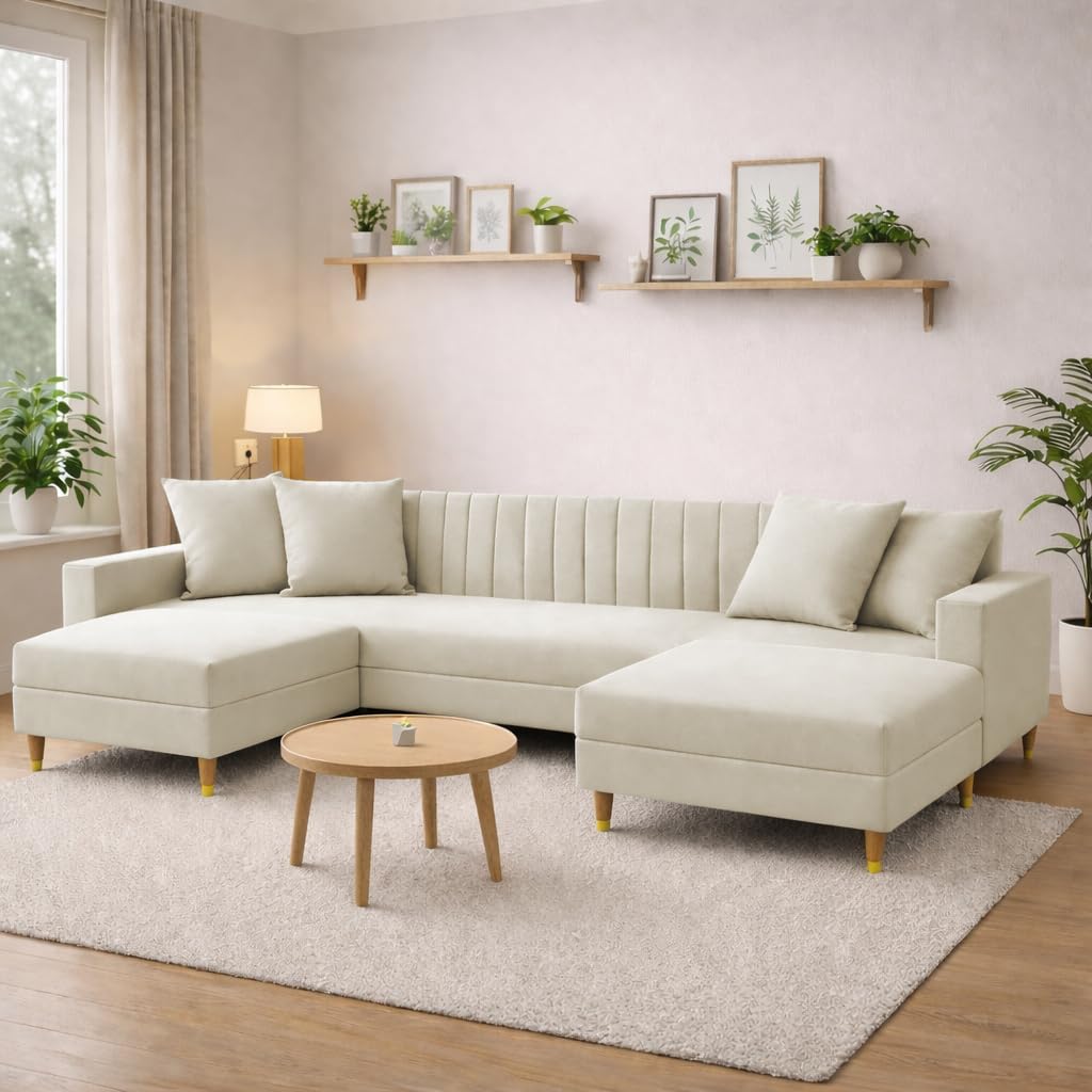 GRAPEWOOD Gracia 4 Seater L Shape Convertible Sofa Set with 2 Ottoman for Living Room, 3 Seater & Ottoman Modular Sectional Couch for Small Space (Cream Color) Sofa-image-11
