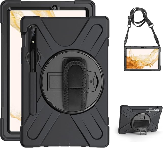 Gerutek Samsung Galaxy Tab S8/S7 11 inch Tablet Case Shockproof , Heavy Duty Rugged Durable Case with Pencil Holder ,360° Kickstand/Hand/Shoulder Strap Protective Cover for Galaxy Tab S8/S7 , Black