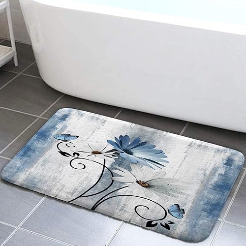 Tapete de baño rústico de granja, diseño de margaritas azules y flores, mariposa, alfombra de baño de madera para baño, alfombra de baño suave y
