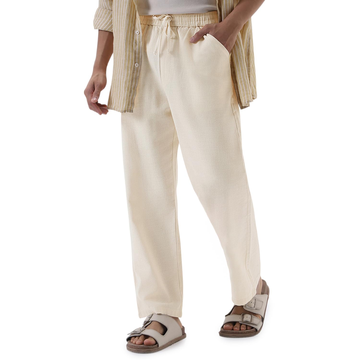 Men's Loose Fit Solid Linen Blend Trousers Non-Stretchable