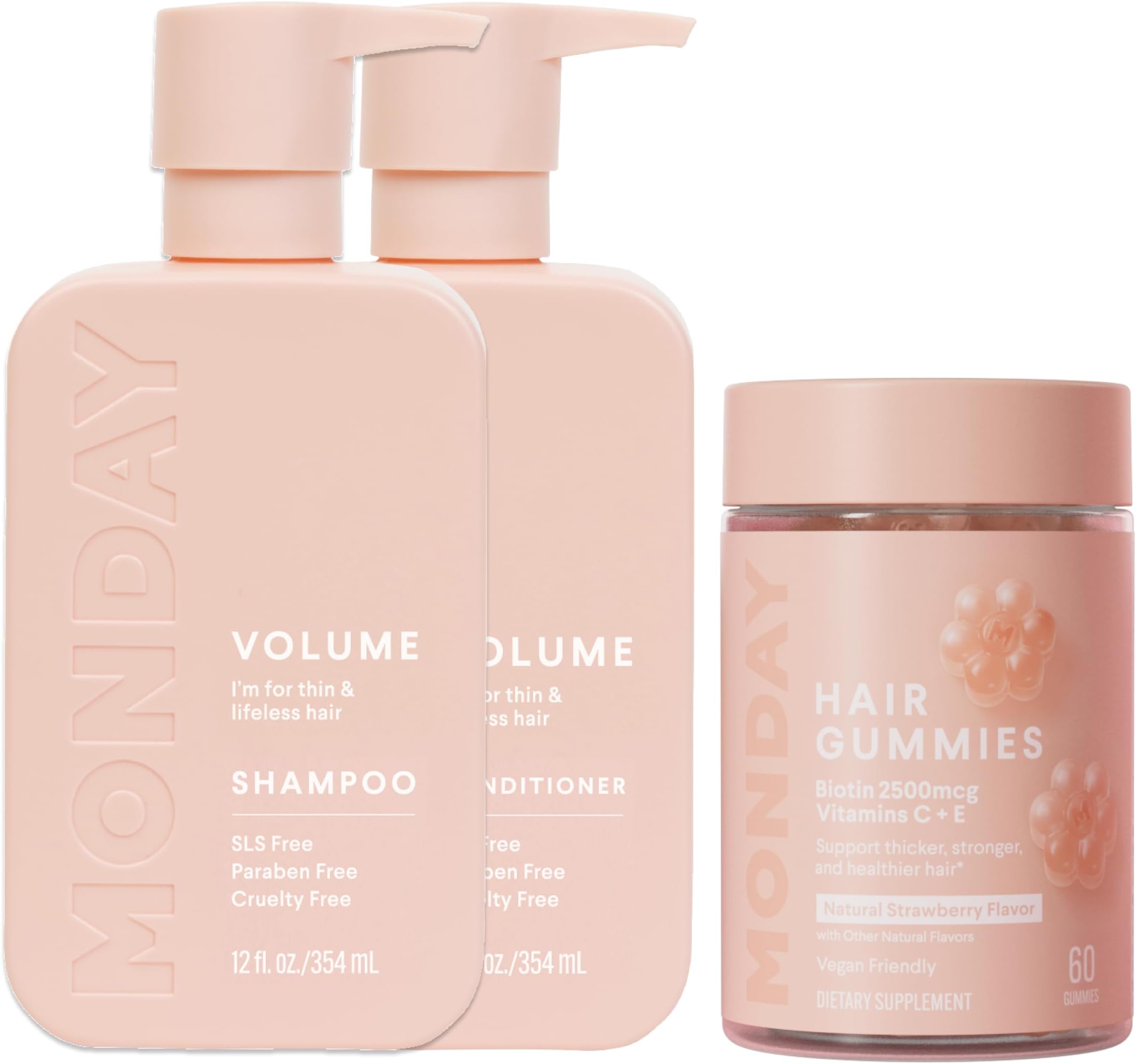 Volume Shampoo + Conditioner Set (12oz) for Fine, Oily Hair + Hair Gummies (60 count) Strawberry Flavored