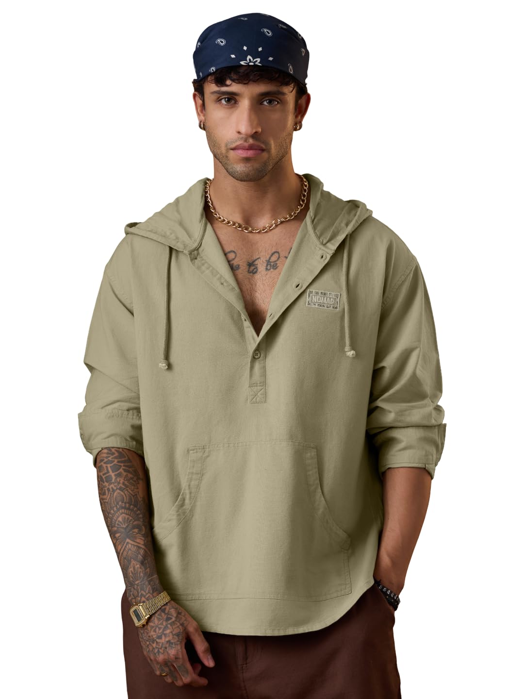 The Souled Store Nomad: Grassland Men and Boys Long Sleeves Hooded Neck Olive Green Embroidered Breathable Lightweight Pullover Cotton Linen Oversized Hoodie in green