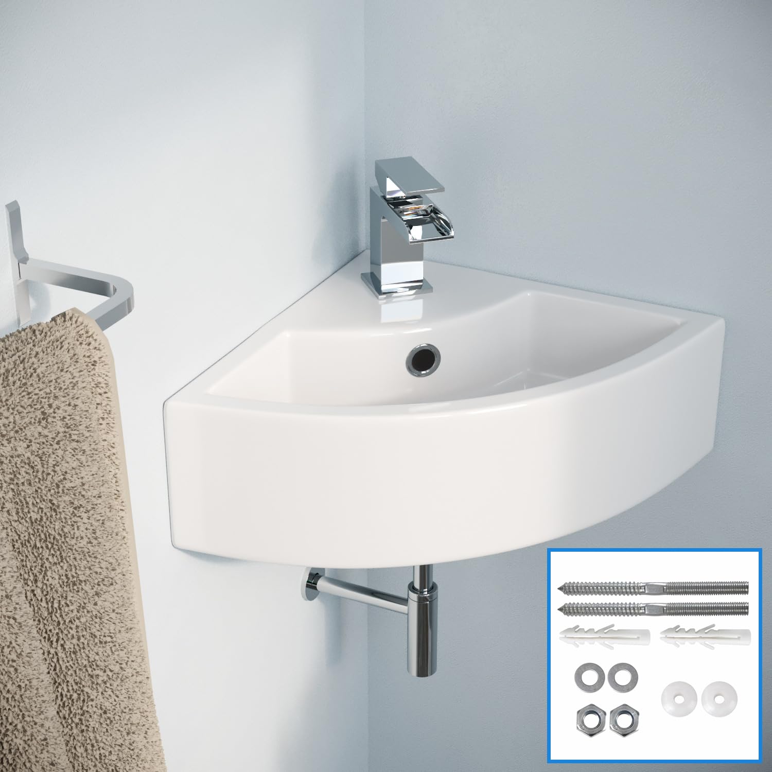 Tulla 465 X 325Mm Cloakroom Small Quarter Circle Corner Wall Hung Basin Sink And Fittings 9354257464421