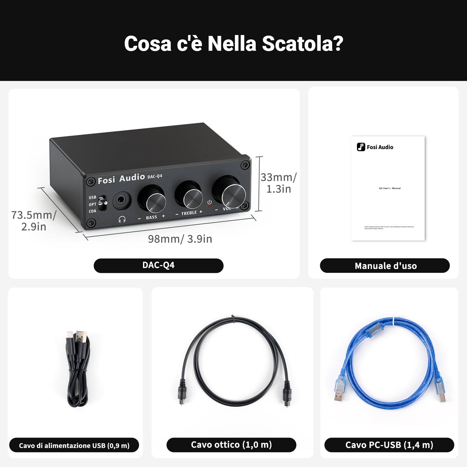 Fosi Audio Q4 DAC Amplificatore per Cuffie, Mini DAC USB C Hi-Res 32bit/768kHz, Uscita 3,5mm RCA, Ingresso Ottico Coassiale, per PC Home Theatre