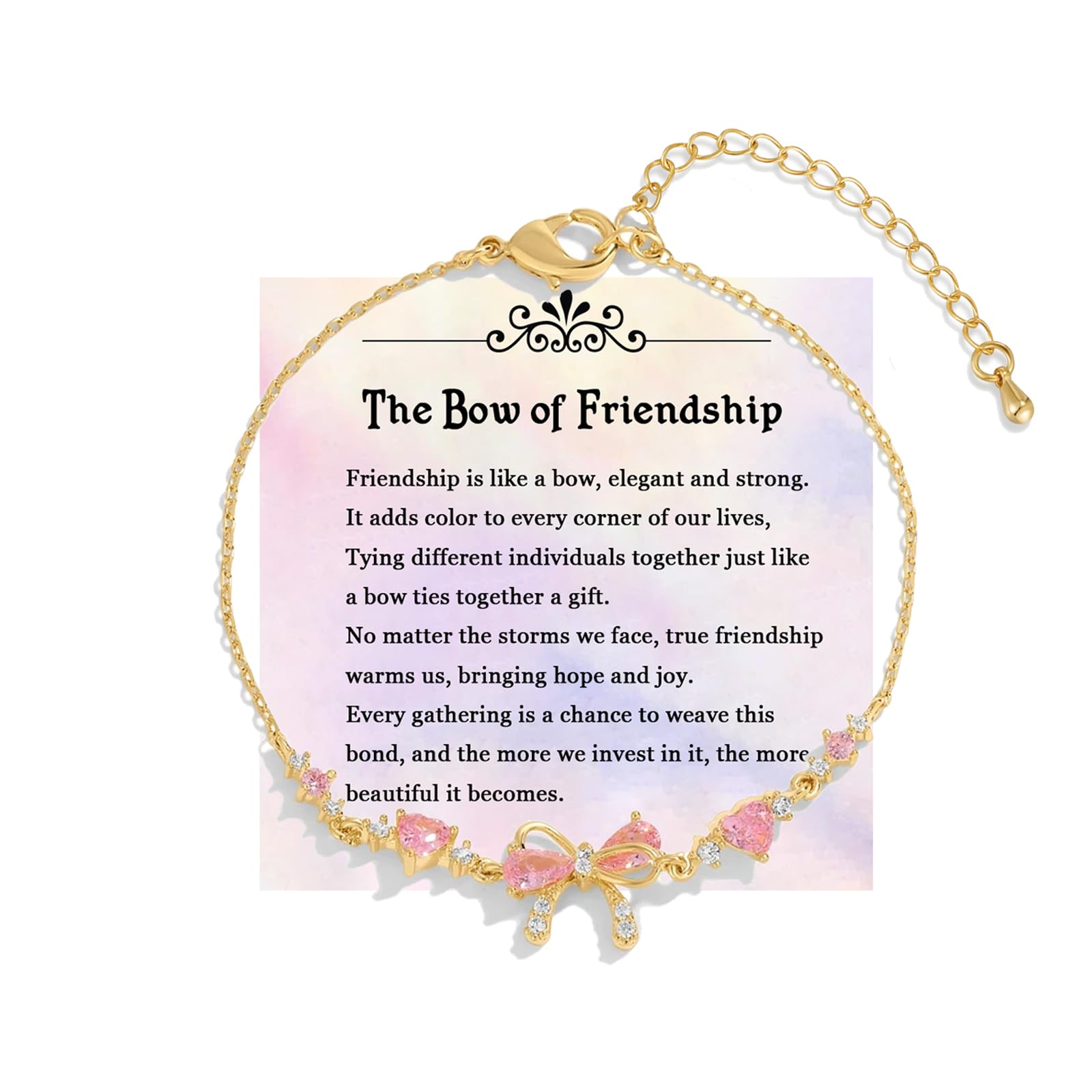 LIU JUN Bow Zircon Bracelet - Friendship is Like a Bow, Adjustable Best Friends Ribbon Heart CZ Bestie Charm Gift Jewelry For Women