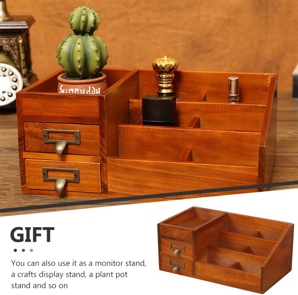Zerodeko Wooden Desktop Organizer Compartments and Vintage Style Storage Container for Office Home and School Functional Makeup and Stationery Organizer