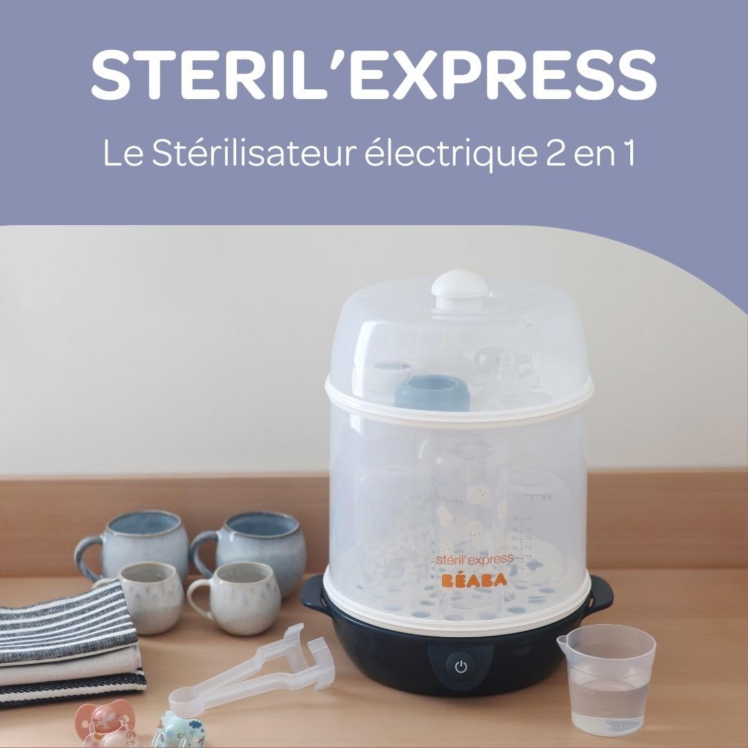 BÉABA, Stérilisateur Biberons 2 en 1, Evolutif, Électrique à Vapeur, 2 en 1, 2 Compartiments, Jusqu'à 8 biberons & Accessoires, Ultra rapide, Minuterie, Stéril'Express, Night Blue
