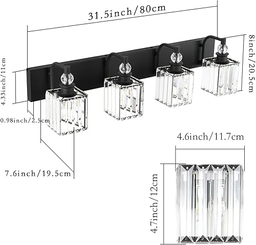 Miniatura 5 de Ralbay Lámpara de tocador de cristal negro, 4 luces de 31.5 pulgadas, modernas lámparas de pared de baño negro mate sobre espejo