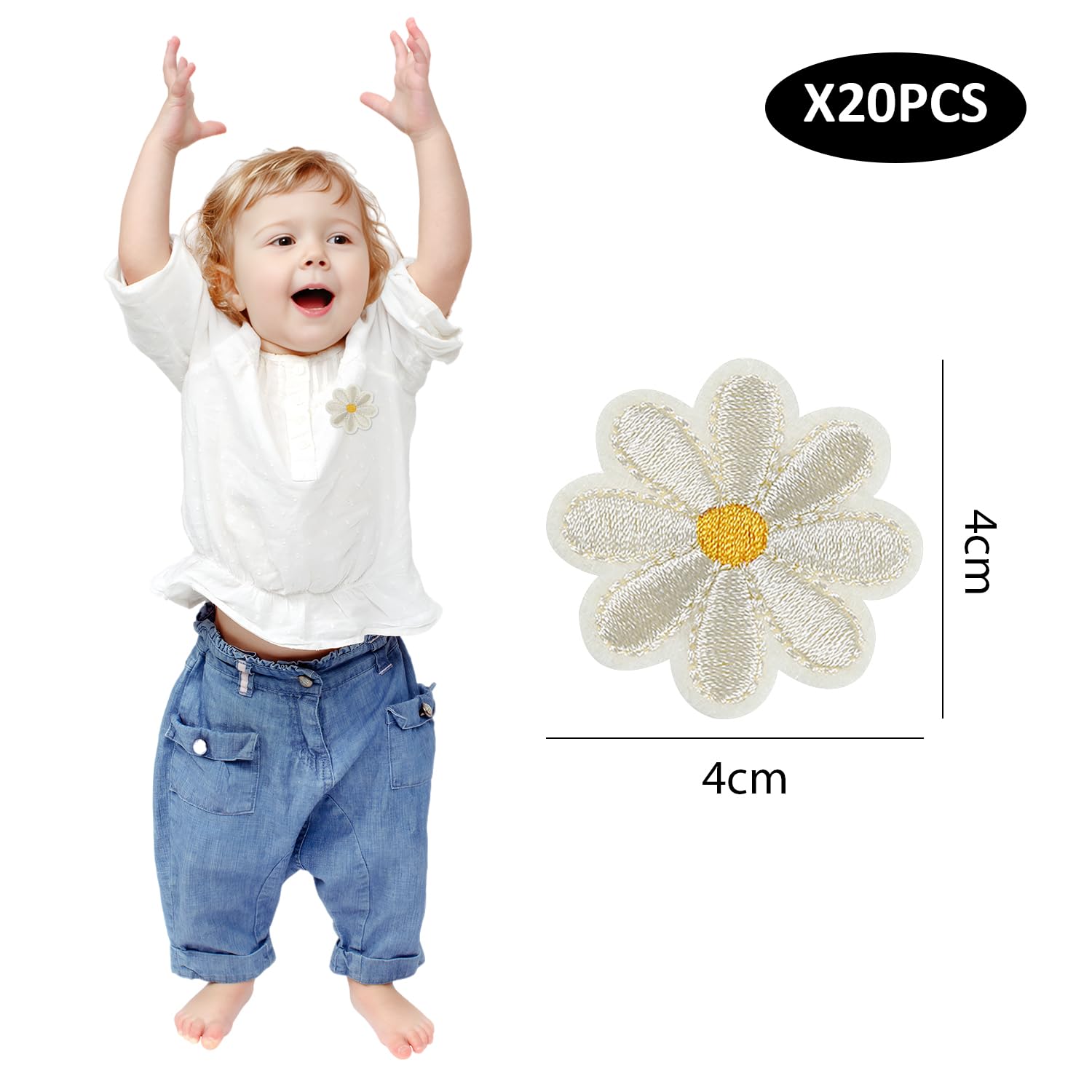 Écussons Thermocollants Marguerite - Lot De 20 - Taille 4x4 Cm - Blanc - Pour Vêtements, Chapeaux, Sacs - DIY Et Décoration