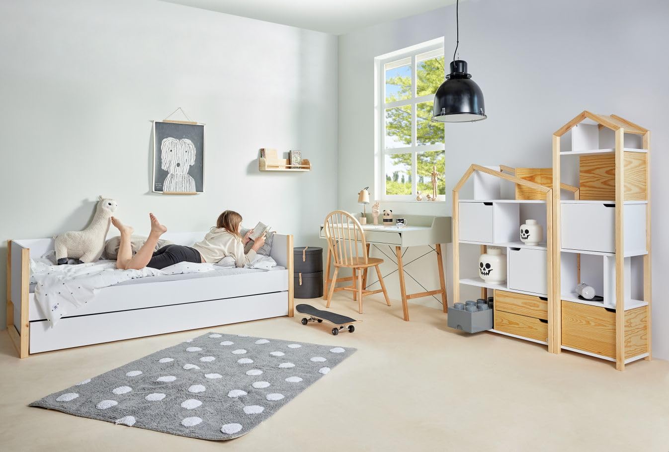 Bellamy Manhattan Joey – Regał Domek dla Dziecka, Biblioteczka z Szufladami, Wysoki Organizer Montessori na Zabawki i Książki, Styl Skandynawski, Biały-Sosna