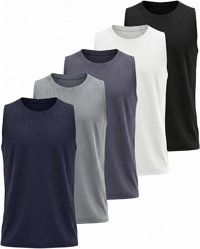 Pack de 5 camisetas sin mangas Dry Fit para niño Muscle Athletic sin mangas Running Sports | Disponible en tallas 6-16, absorción de humedad, secado rápido, transpirable, remera interior, entrenamiento, gimnasio, baloncesto, activo, juvenil, adolescente