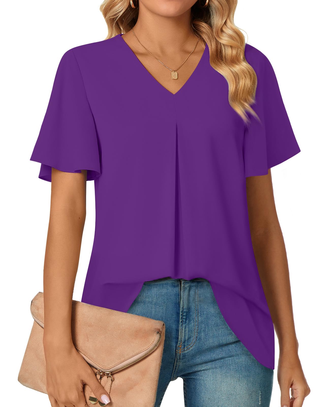 Anyally Womens Summer Dressy Chiffon Blouses V Neck 2025 Short Sleeve Tunic Tops for Leggings Casual T-Shirts